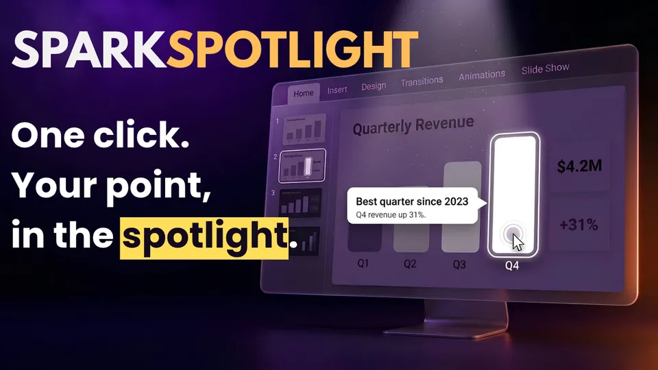 SparkSpotlight: a PowerPoint slide with one bar of a bar chart in the spotlight and a key-point card explaining it