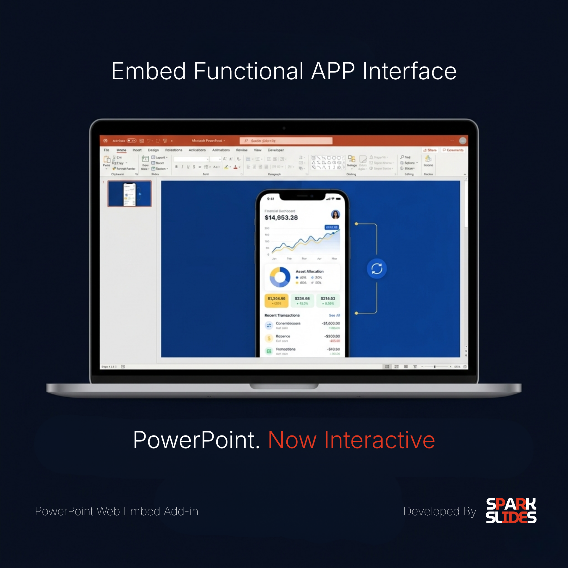 3D animated app interface running live inside a PowerPoint slide via SparkSlides Embed