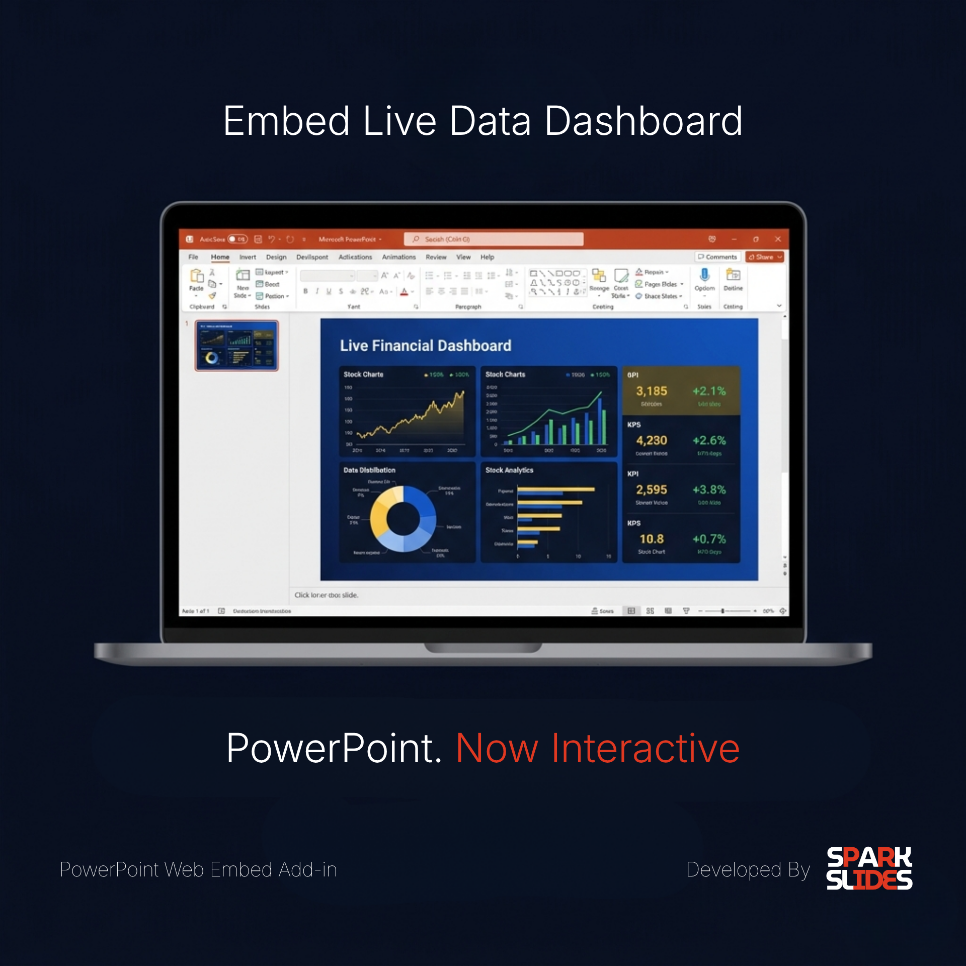 SparkSlides Embed add-in — live interactive dashboard running inside a PowerPoint slide