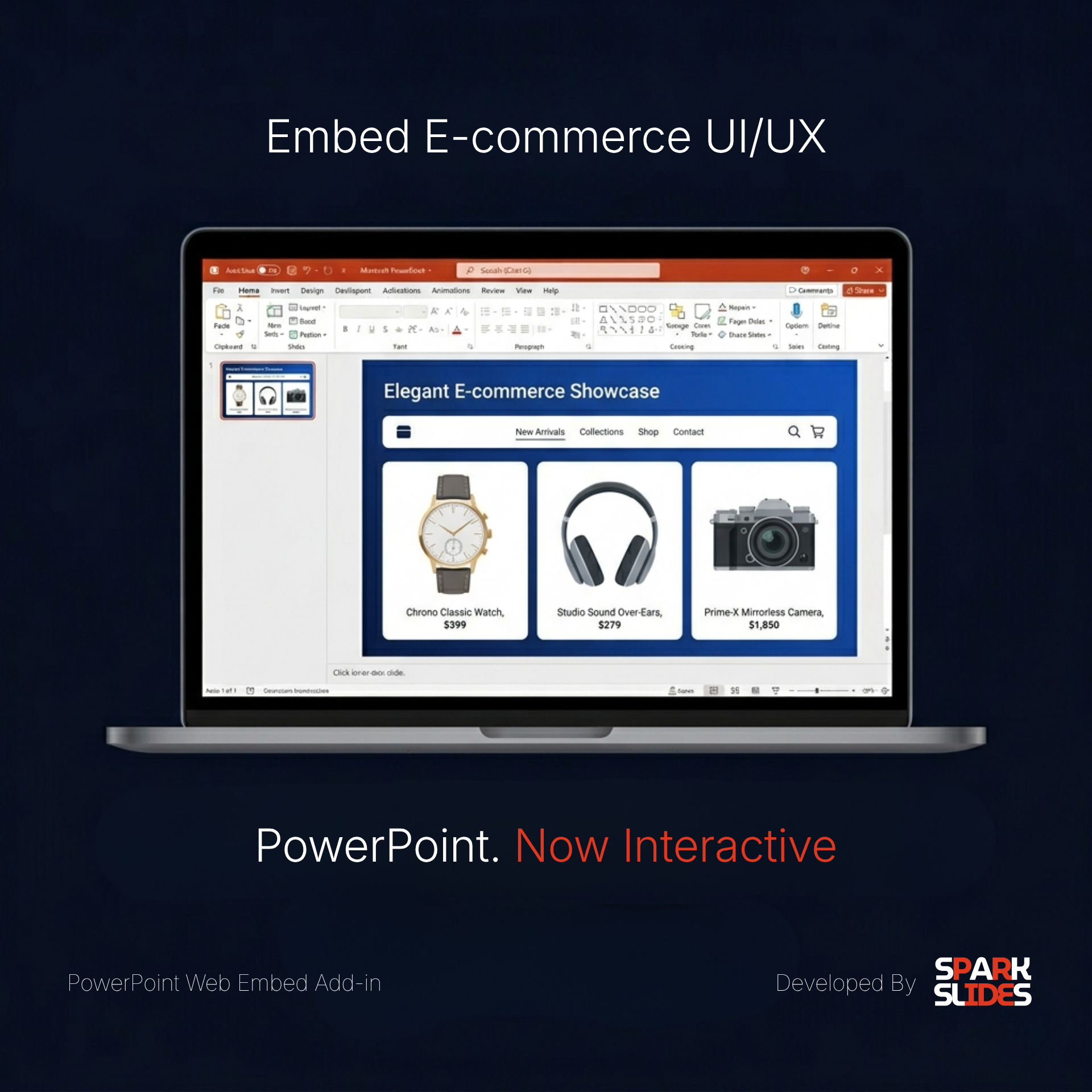 E-commerce UI/UX design running live inside a PowerPoint slide via SparkSlides Embed
