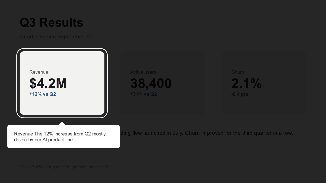 SparkSpotlight is a PowerPoint add-in that turns any element on a slide into a click-to-open spotlight: the slide dims, the element stays bright, and a key-point card explains it. Finished decks play in any PowerPoint without the add-in.